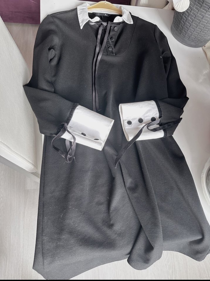 Düğmeli Siyah Elbise Gömlek Yaka - Görsel 2