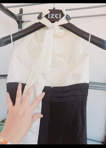 Mazi Siyah taşlı Taşlı Uzun Kadın Saten Abiye Elbise - Görsel 4