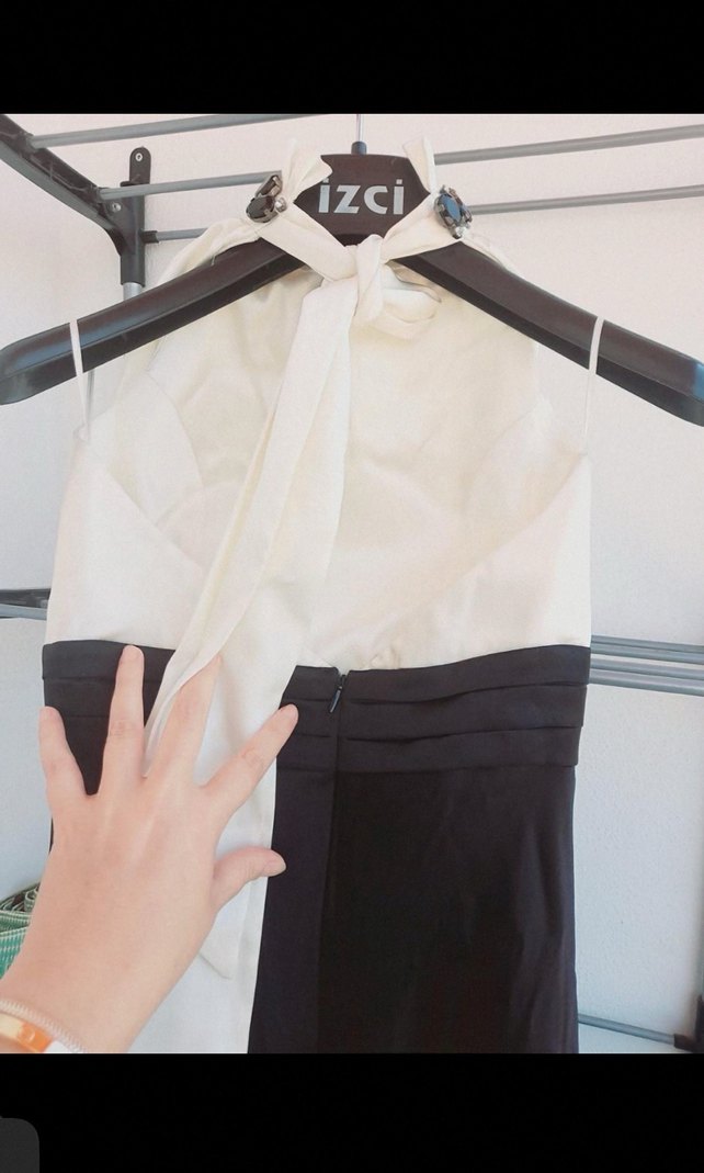 Mazi Siyah taşlı Taşlı Uzun Kadın Saten Abiye Elbise - Görsel 4