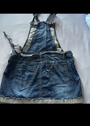 Kadın Mavi Denim Midi Kısa Salopet Elbise - Görsel 2