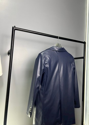 Düğmeli Lacivert Midi Deri Kadın Ceket - Görsel 4