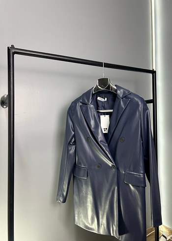Düğmeli Lacivert Midi Deri Kadın Ceket - Görsel 2
