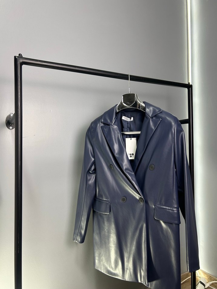 Düğmeli Lacivert Midi Deri Kadın Ceket - Görsel 2