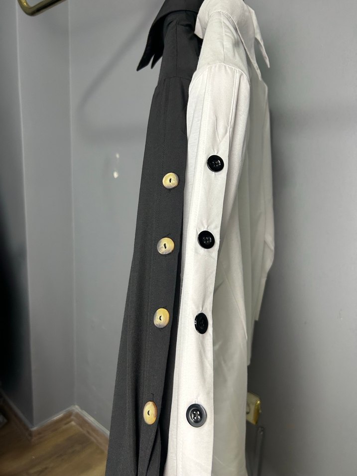 Uzun Kollu Beyaz Gri Kadın Gömlek - Görsel 2