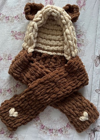 Kadın Örgü Kahverengi Atkı Kapüşonlu - Görsel 7