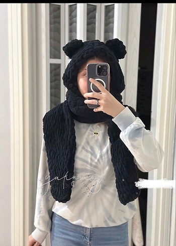 Kadın Örgü Kahverengi Atkı Kapüşonlu - Görsel 13