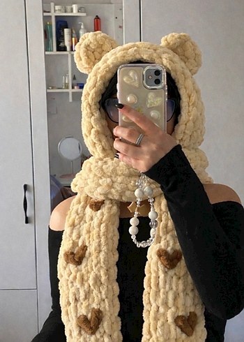 Kadın Örgü Kahverengi Atkı Kapüşonlu - Görsel 3