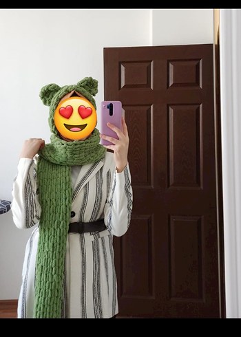 Kadın Örgü Kahverengi Atkı Kapüşonlu - Görsel 11