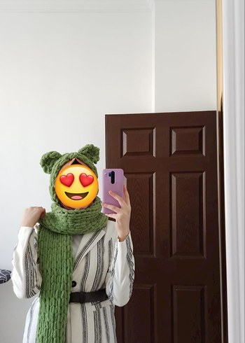 Kadın Örgü Kahverengi Atkı Kapüşonlu - Görsel 12