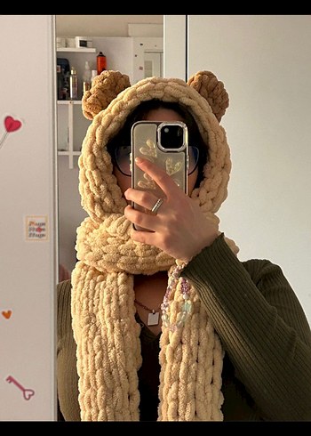 Kadın Örgü Kahverengi Atkı Kapüşonlu - Görsel 2