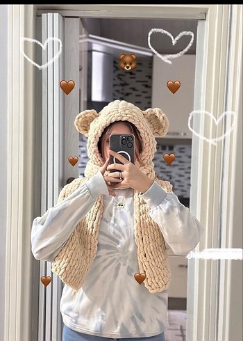 Kadın Örgü Kahverengi Atkı Kapüşonlu - Görsel 15