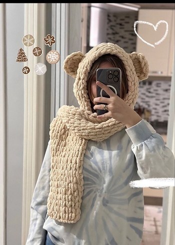 Kadın Örgü Kahverengi Atkı Kapüşonlu - Görsel 14