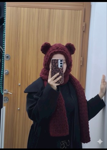 Kadın Örgü Kahverengi Atkı Kapüşonlu - Görsel 4