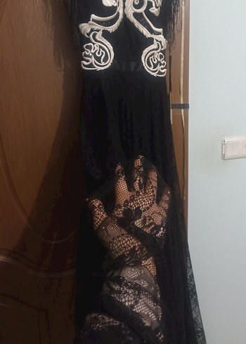 Dantelli İşlemeli Siyah Uzun Abiye Elbise - Görsel 4