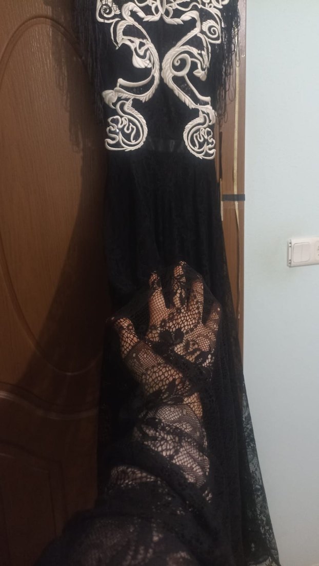 Dantelli İşlemeli Siyah Uzun Abiye Elbise - Görsel 4