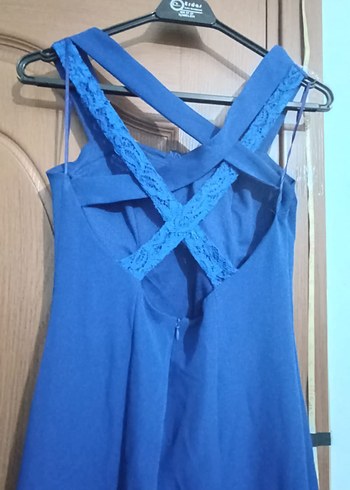 Koyu Mavi Nakışlı Uzun Abiye Elbise - Görsel 4