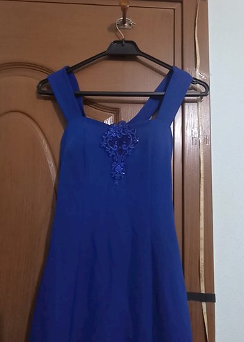 Koyu Mavi Nakışlı Uzun Abiye Elbise - Görsel 2