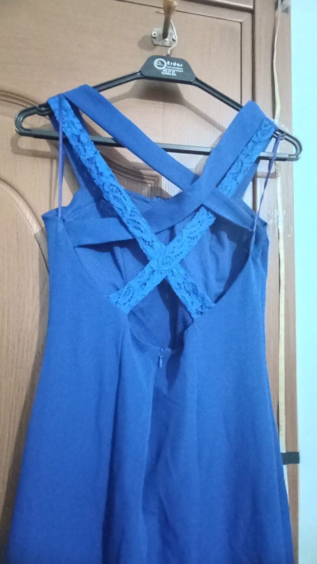 Koyu Mavi Nakışlı Uzun Abiye Elbise - Görsel 4