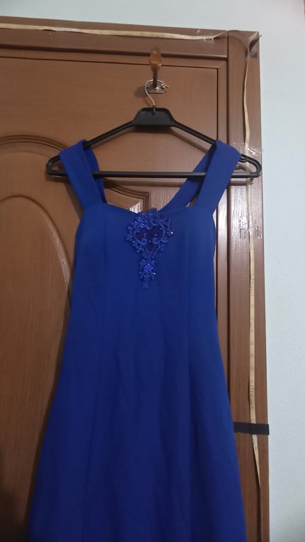 Koyu Mavi Nakışlı Uzun Abiye Elbise - Görsel 2