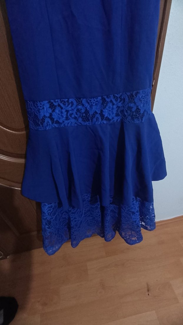 Koyu Mavi Nakışlı Uzun Abiye Elbise - Görsel 3