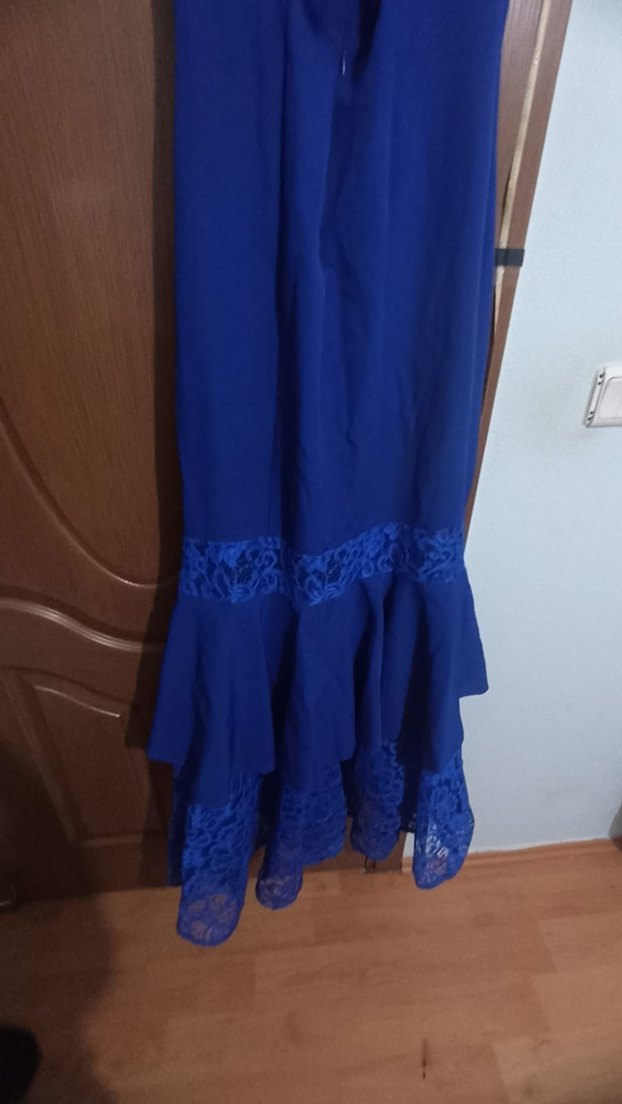 Koyu Mavi Nakışlı Uzun Abiye Elbise - Görsel 5