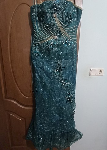 Turkuaz İşlemeli Uzun Straplez Abiye Elbise - Görsel 2