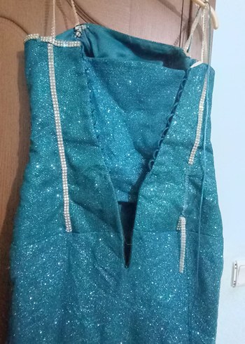 Turkuaz İşlemeli Uzun Straplez Abiye Elbise - Görsel 3