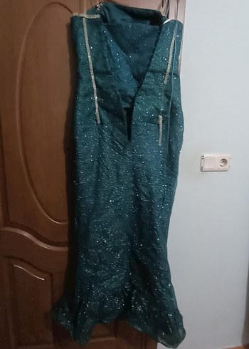 Turkuaz İşlemeli Uzun Straplez Abiye Elbise - Görsel 4