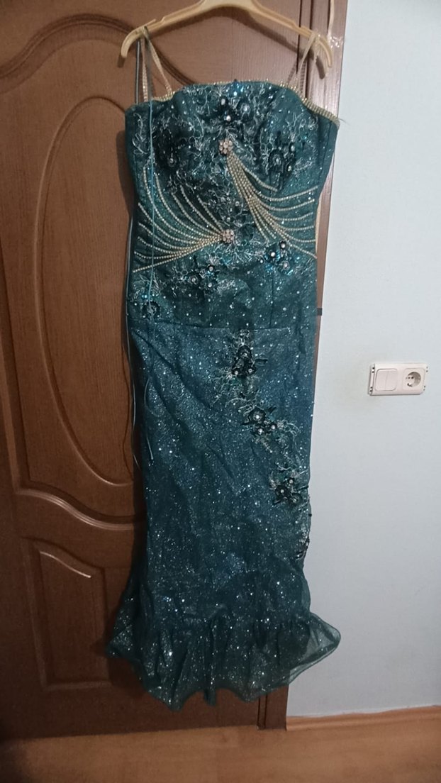 Turkuaz İşlemeli Uzun Straplez Abiye Elbise - Görsel 2