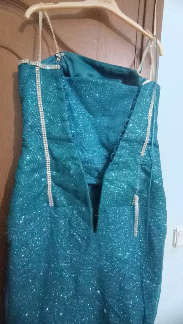 Turkuaz İşlemeli Uzun Straplez Abiye Elbise - Görsel 3