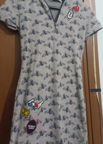 Gri Desenli Mini Kısa Kollu Elbise - Görsel 2