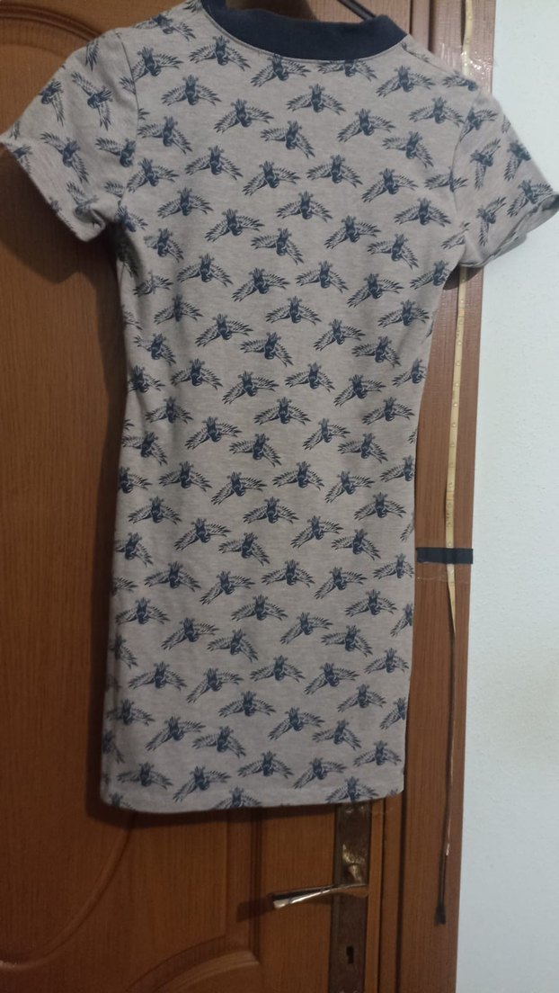 Gri Desenli Mini Kısa Kollu Elbise - Görsel 3