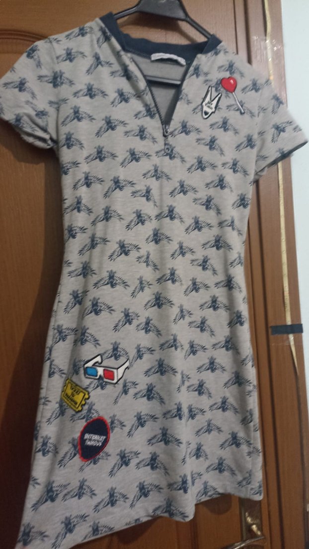 Gri Desenli Mini Kısa Kollu Elbise - Görsel 2