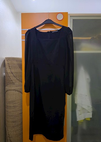 Şifon Uzun Kollu Siyah Kadın Elbise - Görsel 3