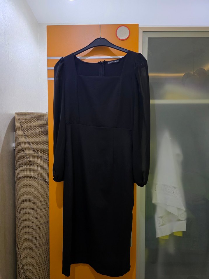 Şifon Uzun Kollu Siyah Kadın Elbise - Görsel 3