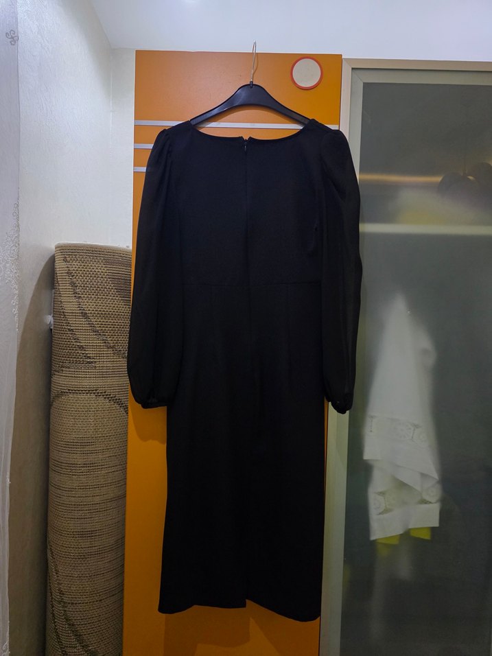 Şifon Uzun Kollu Siyah Kadın Elbise - Görsel 2