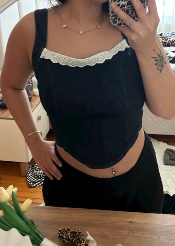 beyaz Dantel Detaylı Straplez Denim Büstiyer - Görsel 2