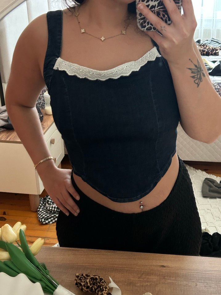 beyaz Dantel Detaylı Straplez Denim Büstiyer - Görsel 2