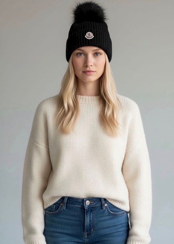 Siyah Kürklü Kadın Yün Bere - Görsel 2