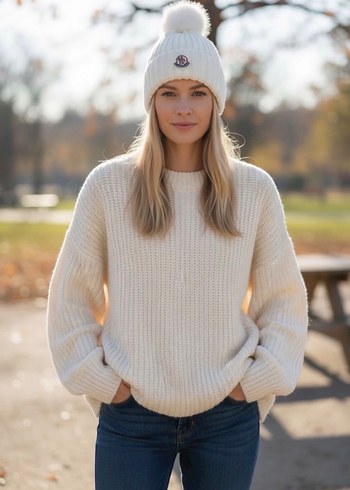 Beyaz Kadın Örgü Yün Bere - Görsel 2