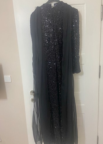 Uzun Kollu Siyah Drapeli Abiye Elbise - Görsel 3