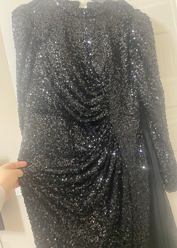 Uzun Kollu Siyah Drapeli Abiye Elbise - Görsel 2