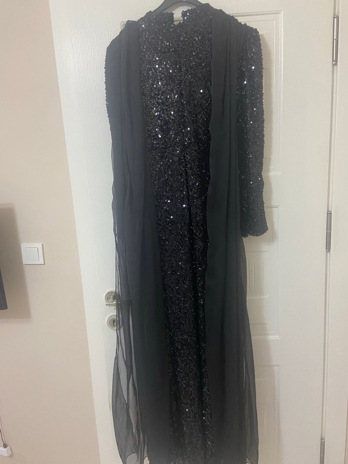 Uzun Kollu Siyah Drapeli Abiye Elbise - Görsel 3