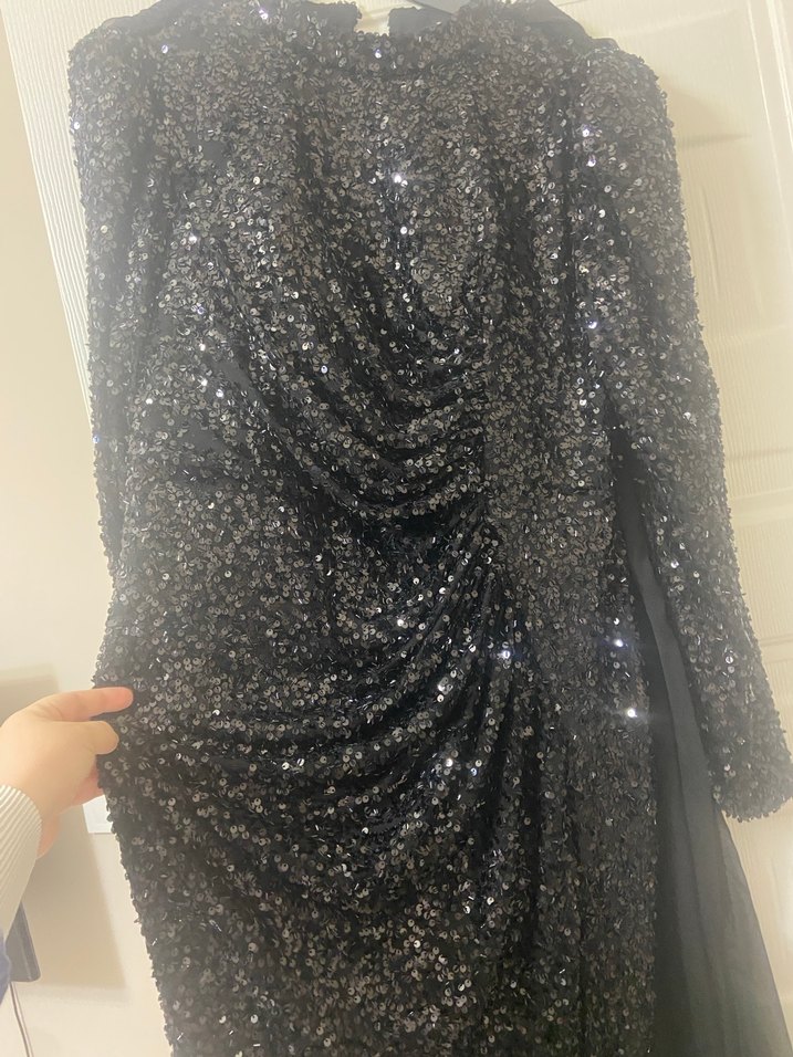 Uzun Kollu Siyah Drapeli Abiye Elbise - Görsel 2