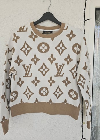 LV logolu Bej Desenli Kadın Sweatshirt - Görsel 2