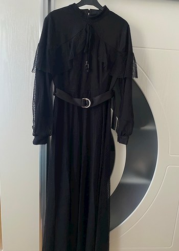 Siyah Kemerli Uzun Tesettür şık elbise - Görsel 3