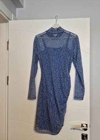 Uzun Kollu Drapeli Mavi Mini Elbise - Görsel 2