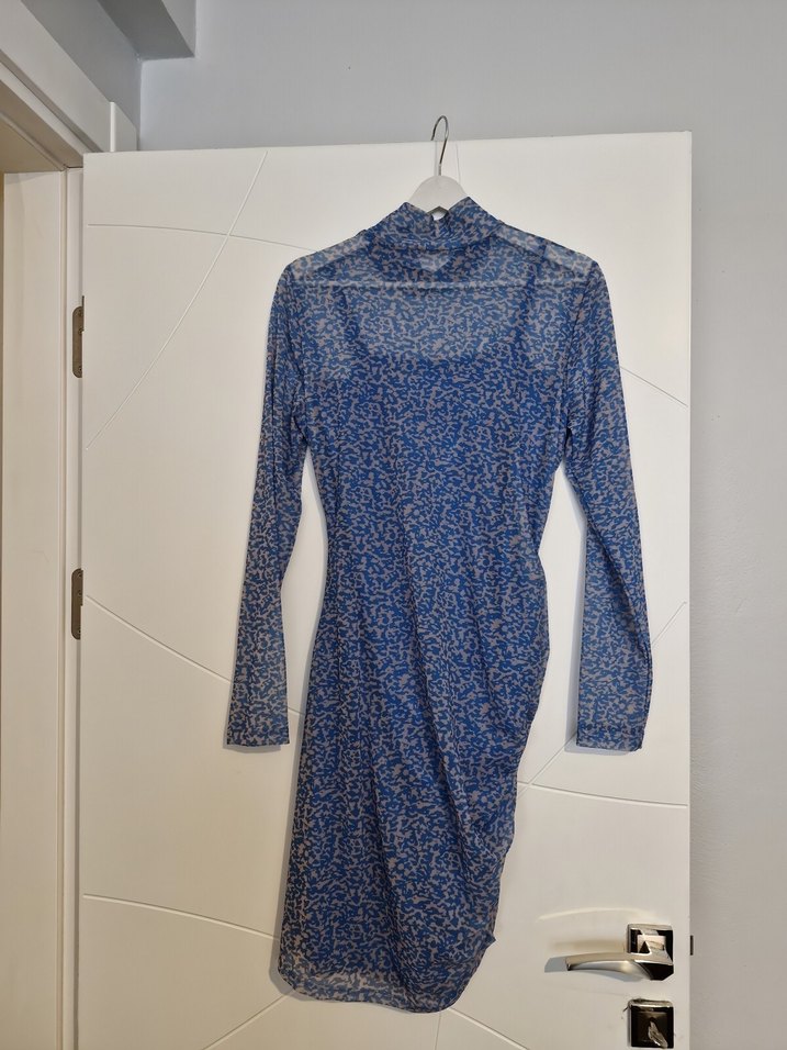 Uzun Kollu Drapeli Mavi Mini Elbise - Görsel 2