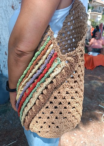 Çok Renkli Örgü Bohem Kadın Çantası - Görsel 2