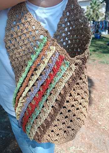 Çok Renkli Örgü Bohem Kadın Çantası - Görsel 4